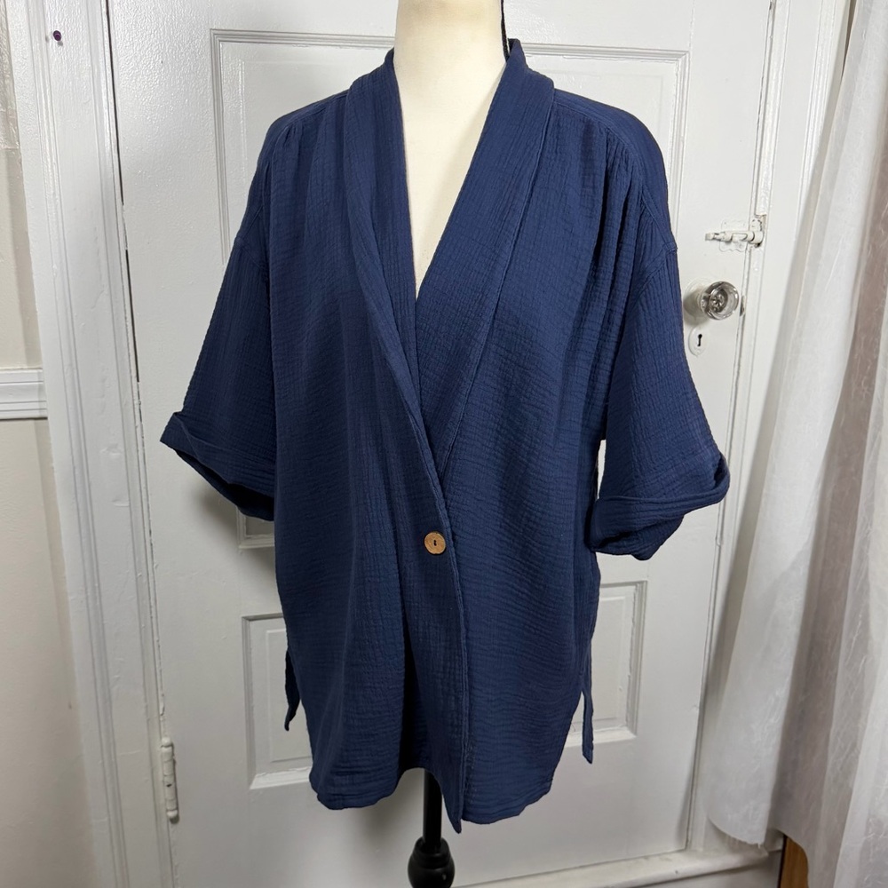 We The Free Lou Blazer Shirt Navy Blue Oversized Slouchy Cardigan Boho Cotton S - Picture 10 of 16